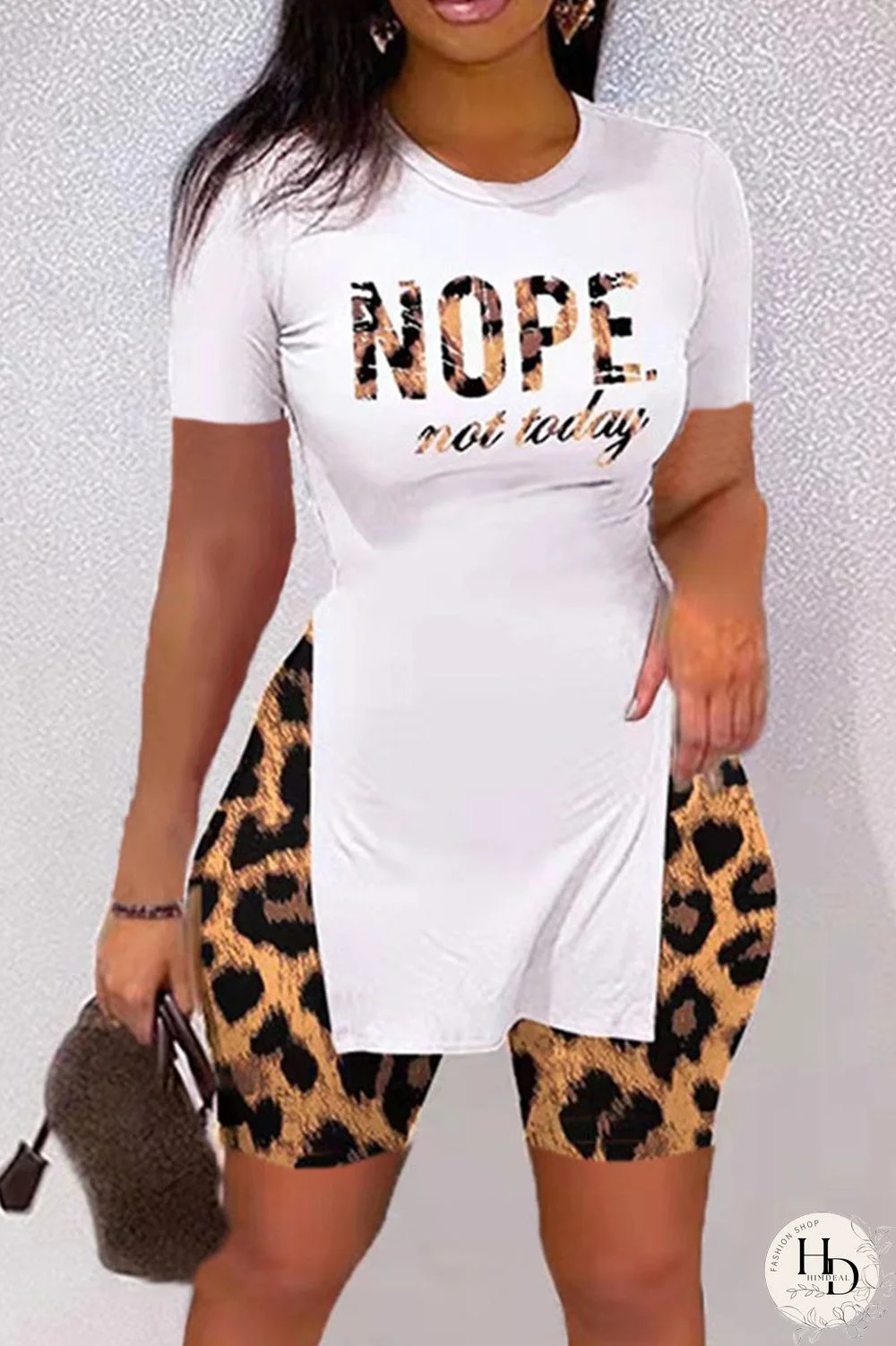 Brown Casual Print Patchwork Slit O Neck Short Sleeve Two Pieces