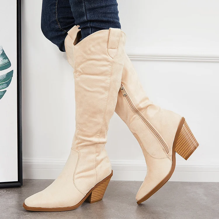 Square Toe Knee High Boots Chunky Heel Western Cowboy Riding Boots