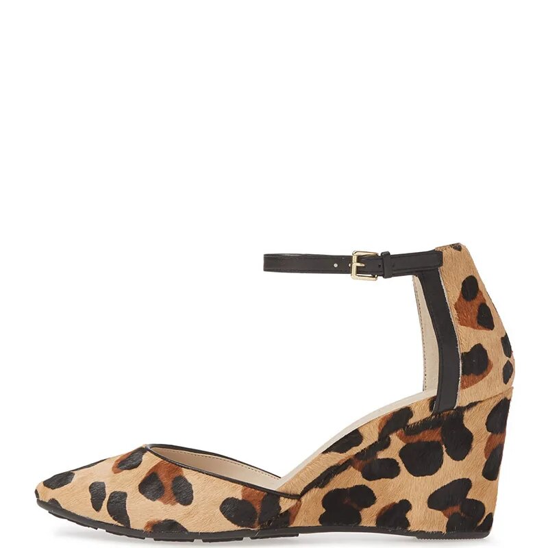 TAAFO Leopard Print High Wedge Heels Pumps Almond Toe Woman Ankle Strap Ladies Office Shoes 