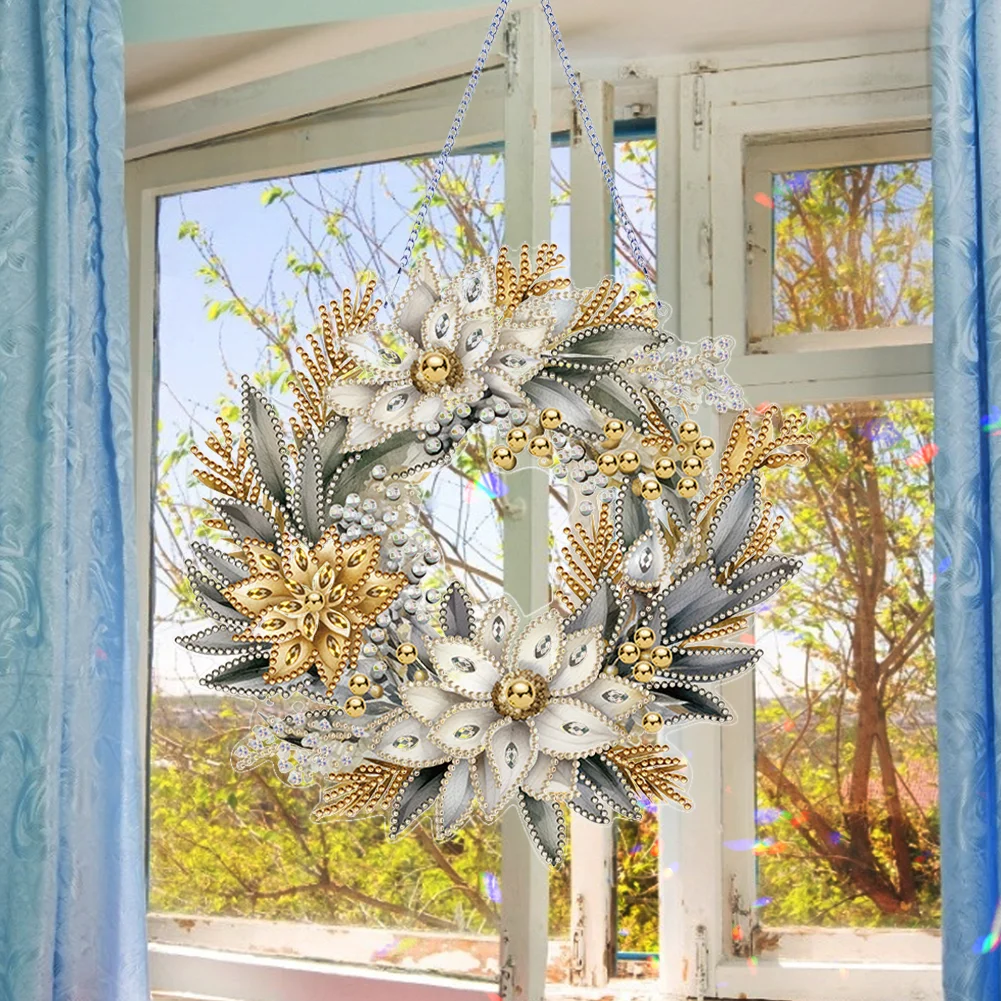 DIY Christmas Flower Wreath Acrylic Special Shaped Diamond Painting Wall Decor Wreath