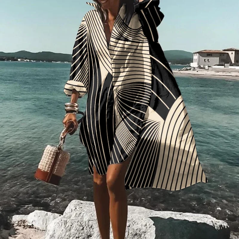 Colorblock Striped Print Loose Midi Dress