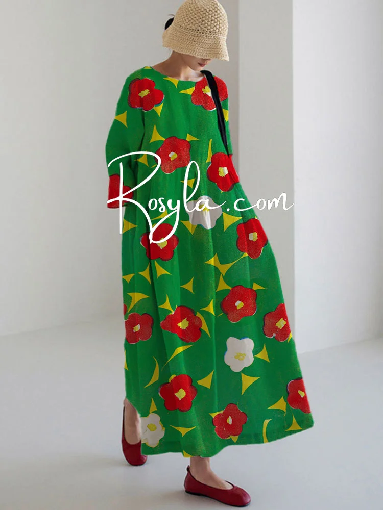 Women's Casual Red Flower Print Long Sleeve Midi Dress Dress