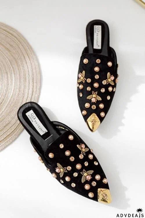 Metal Pearl Bee Mules Flats