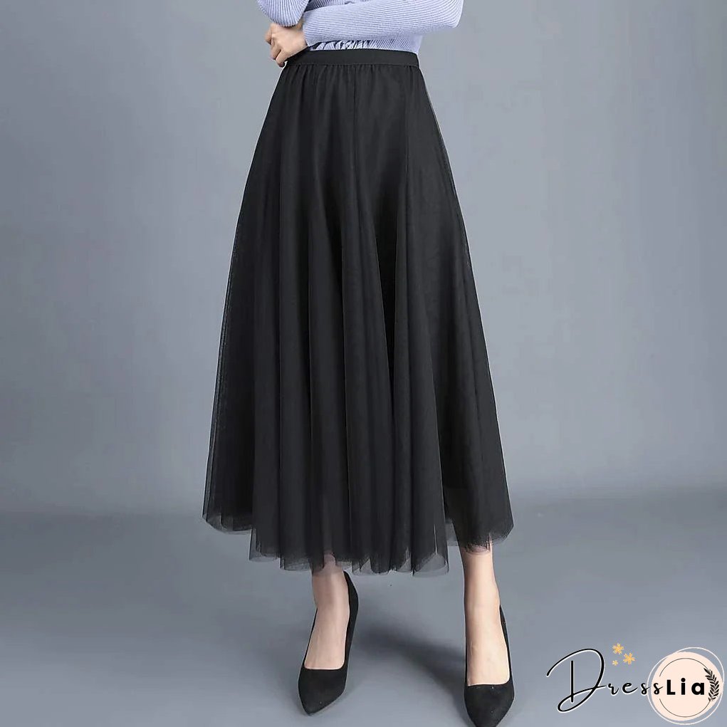 Women's Skirt Swing Tulle Long Skirt Maxi Black Pink Khaki Beige Skirts Pleated Layered Tulle Vintage Elegant Street S M L