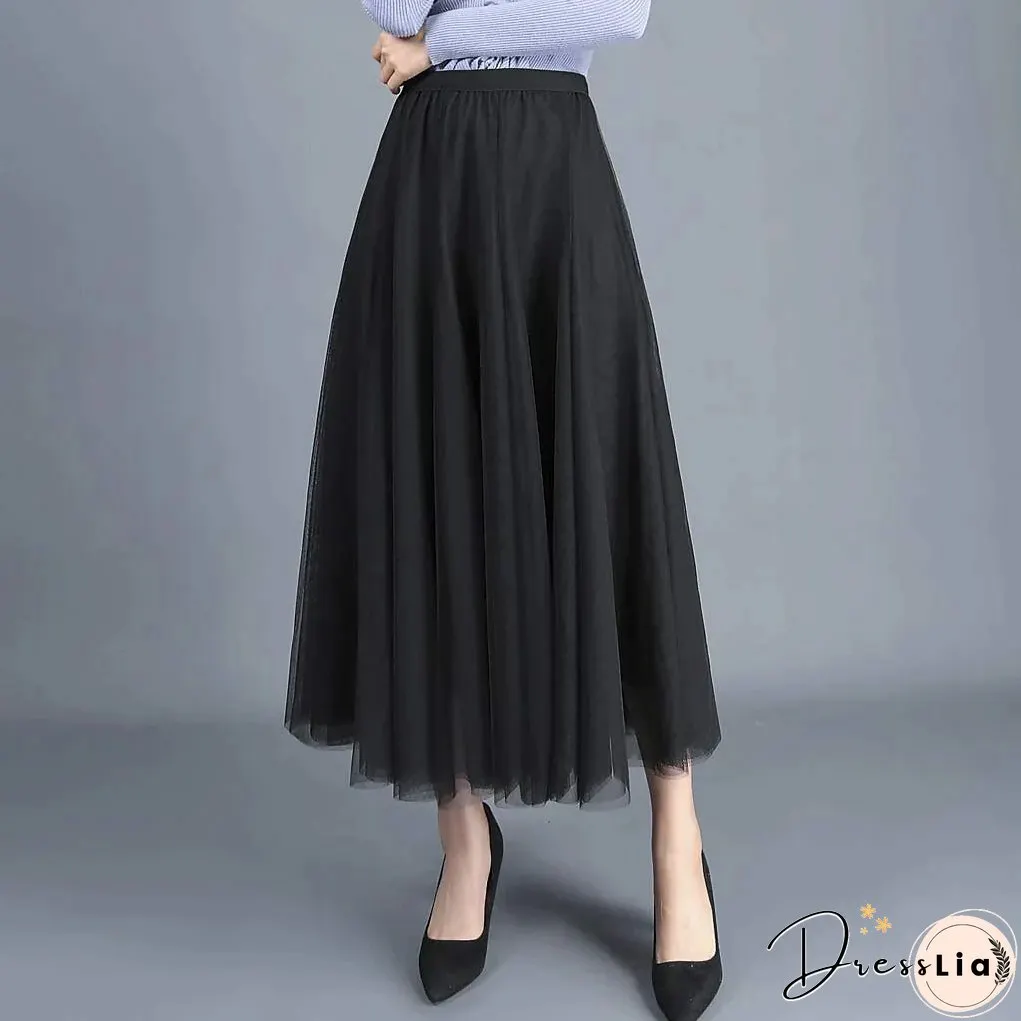 Women's Skirt Swing Tulle Long Skirt Maxi Black Pink Khaki Beige Skirts Pleated Layered Tulle Vintage Elegant Street S M L