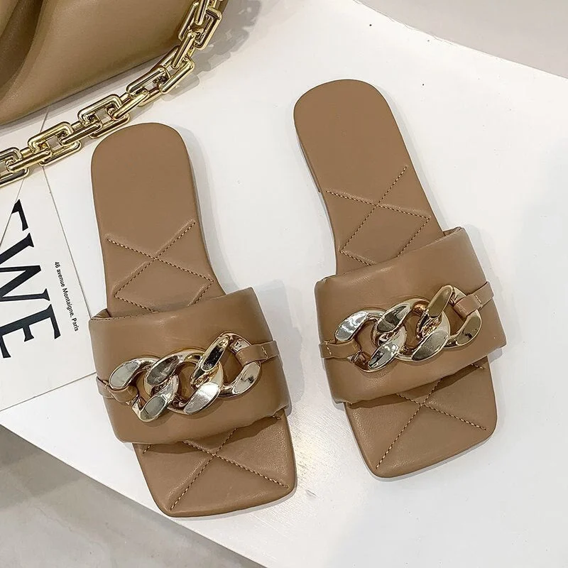 Women Slippers High Heels Chain PU Square Toe Fashion Woman Pumps Summer Sandals Outdoor Comfort Ladies Footwear New 2021