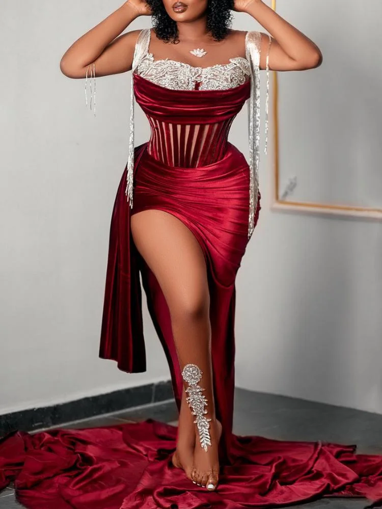 Promsstyle Stretchy mesh tassel sleeve shimmering rhinestone ruching maxi evening dress Prom Dress 2023