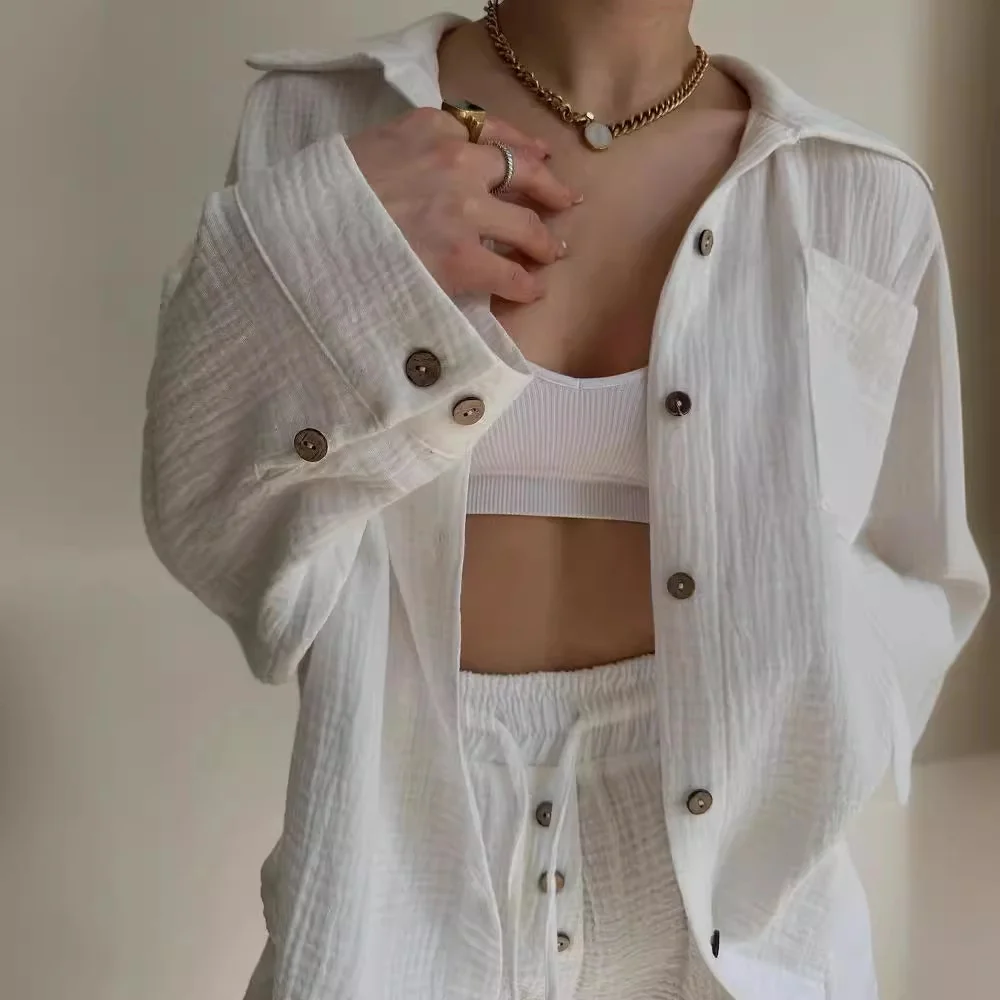 Nigikala Nigikala Women's Wrinkle Collar Long-Sleeved Shirt High-Waisted Rope Shorts Fashion Casual Two-Piece Set