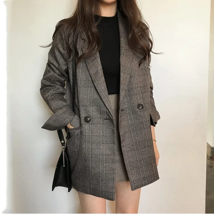 Ailegogo New 2019 Autumn Winter Women's Blazers Plaid Double Breasted Pockets Formal Jackets Notched Outerwear Tops JK7113