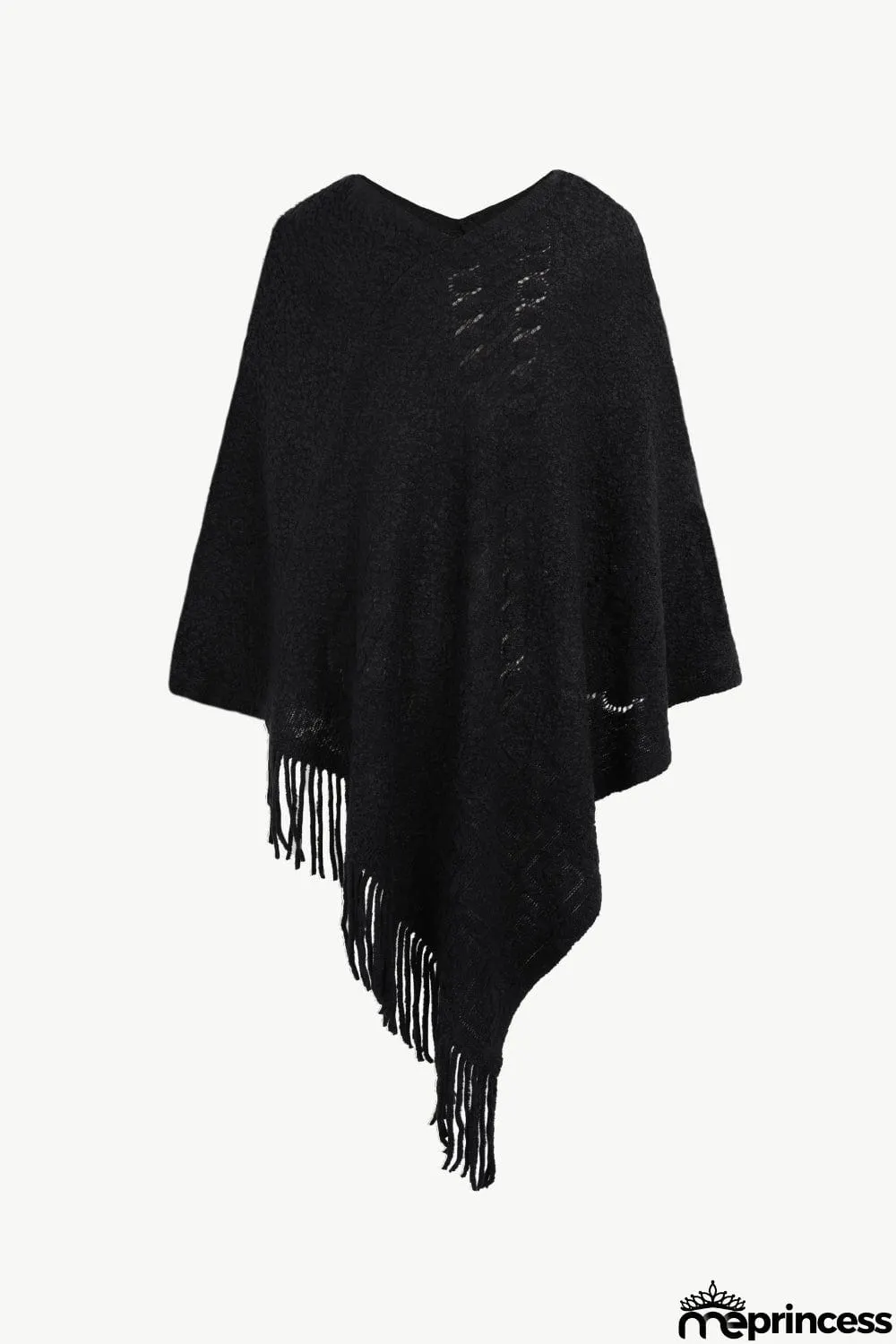 Pearl Trim Fringe Hem Poncho
