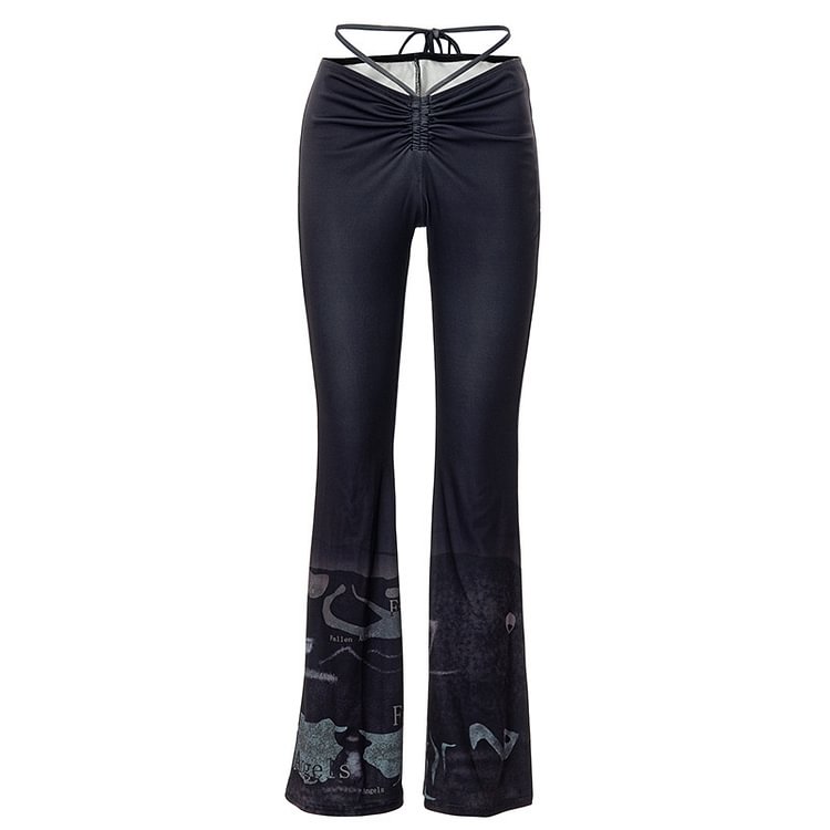 Y2K Low-waisted Hip Lift Pleated Lace-up Printed Micro-Flared Trousers-luchamp:luchamp