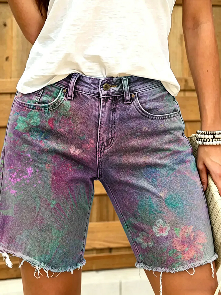 Women's Watercolor Floral Print Frayed Hem Denim Bermuda Shorts