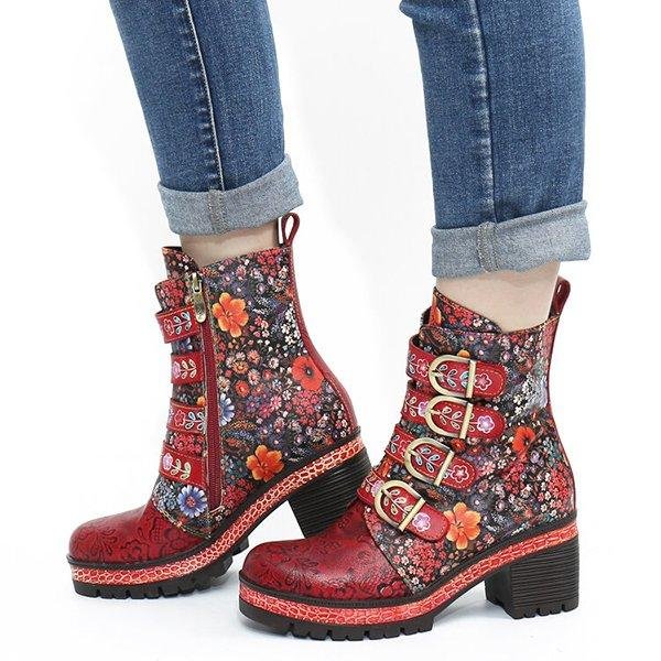 Floral Pattern Metal Buckle Chunky Heel Short Boots -boots