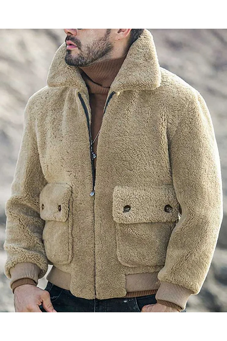 Faux Fur Turndown Collar Jacket With Pockets
