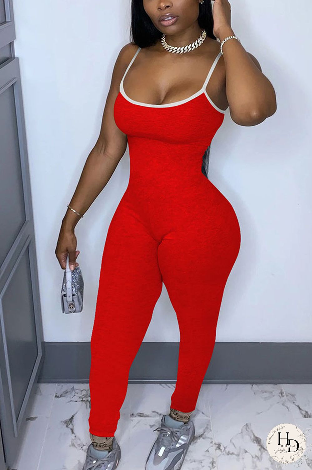 Black Fashion Sexy Solid Polyester Sleeveless Slip Jumpsuits