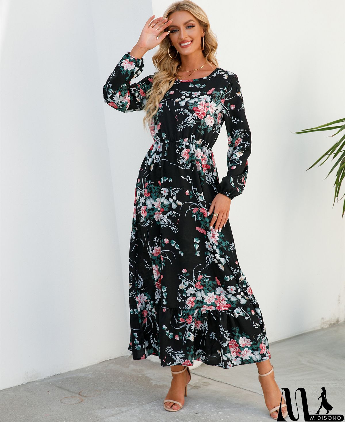 MidiSono - Women Fashion Casual Floral Print Round Neck Long Sleeve Maxi Dress