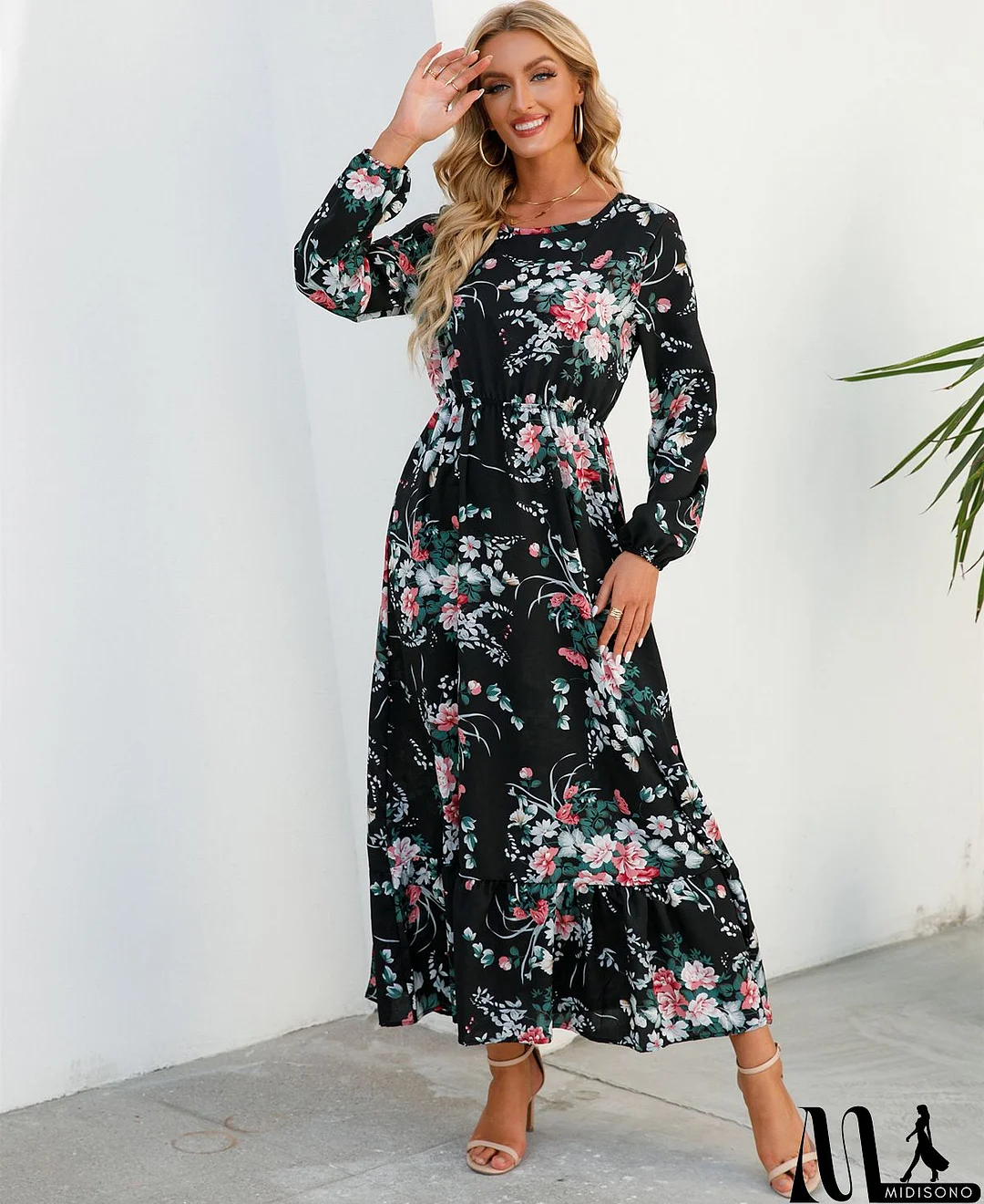 MidiSono - Women Fashion Casual Floral Print Round Neck Long Sleeve Maxi Dress