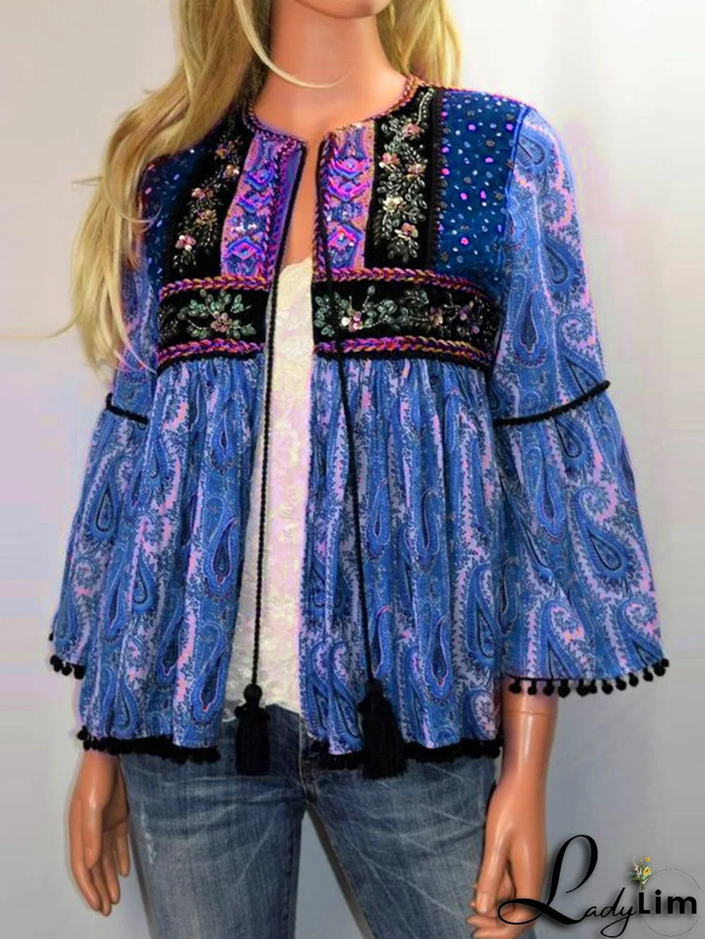 Vintage Ethnic Colorblock Fringed 3/4 Sleeve  Jacket