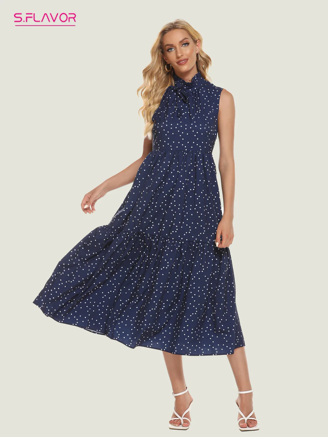 Jangj S.FLAVOR Vintage Dot Wave Print Retro Dresses Bohemian Fashion Sleeveless A-line Dress For Women Casual Sundress