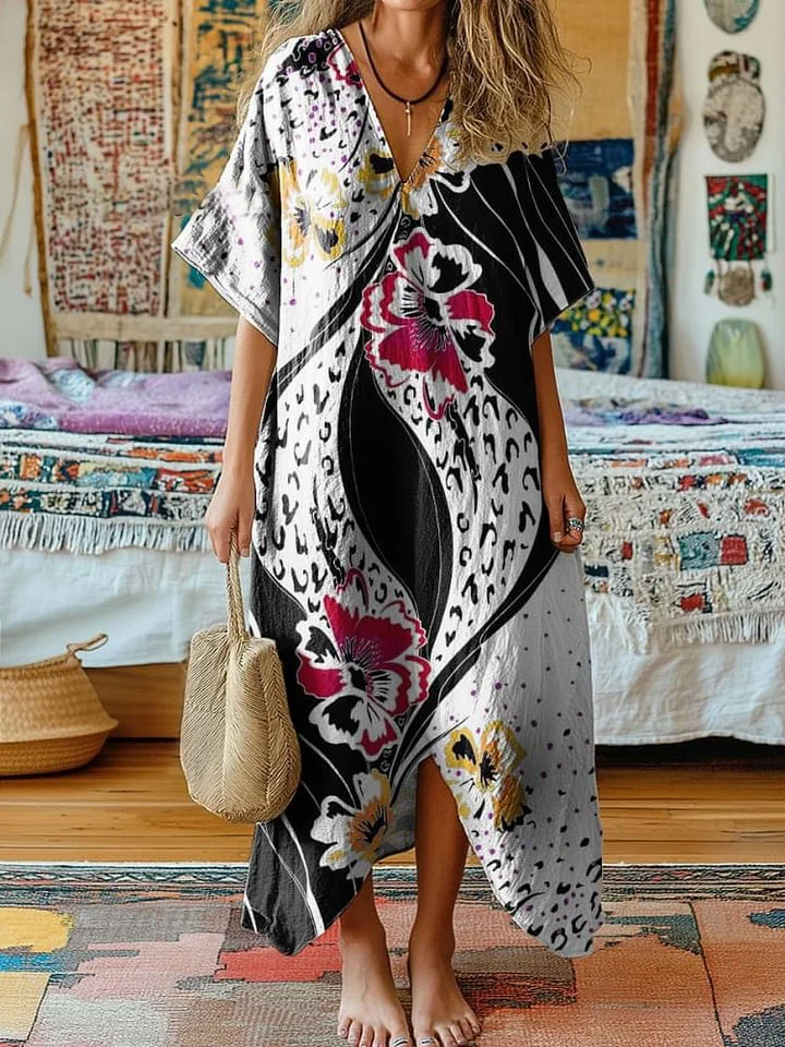 Women's Vintage Floral Spot Art Print V-Neck Cotton Short Sleeve Dress