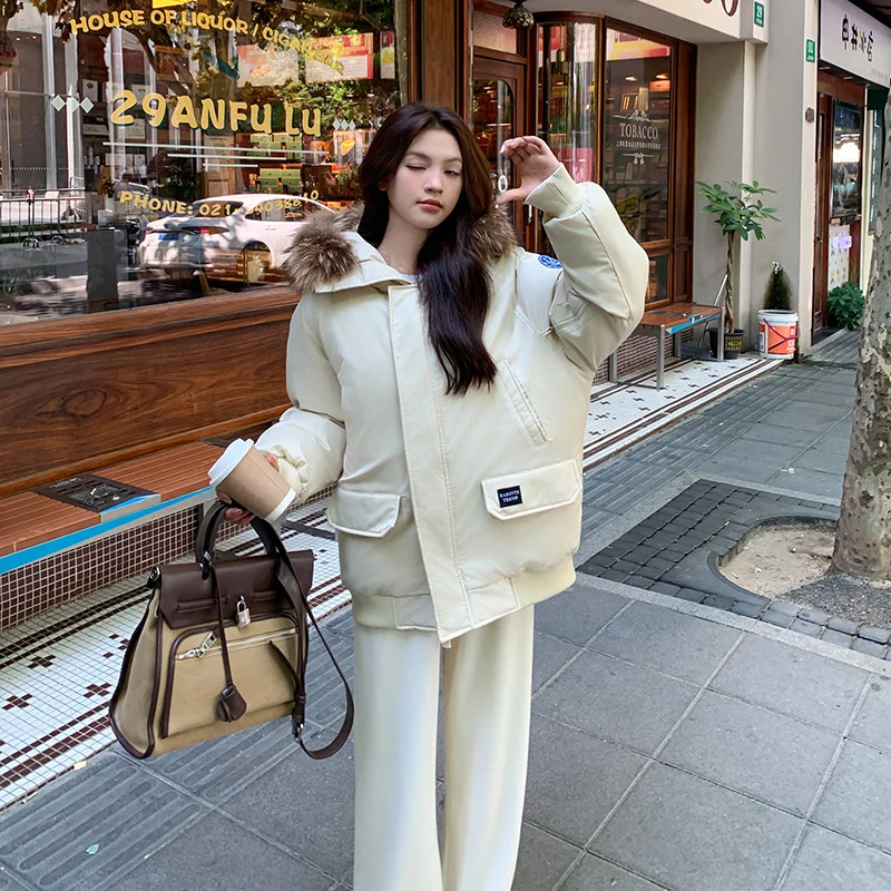 Toloer Retro Navy Blue Wool Collar Parker Cotton Suit Women's Winter New Thickened Warm Oversize Padded Coat-Outfit Ideas