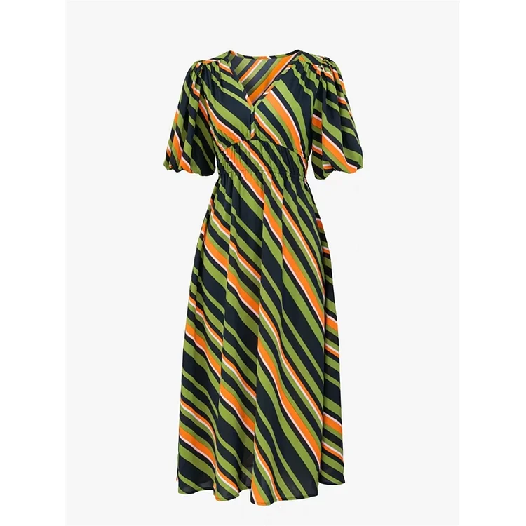 Women's Lantern Sleeve V-Neck  Rainbow Bohemian Maxi Dress