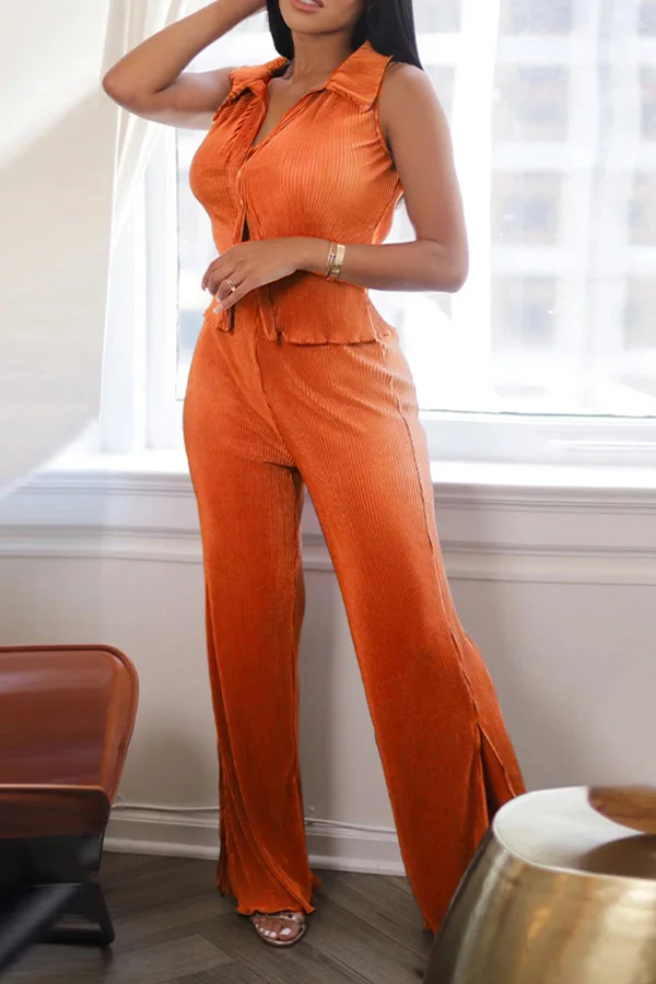 Sleeveless Slit Pleated Top & Pants Set