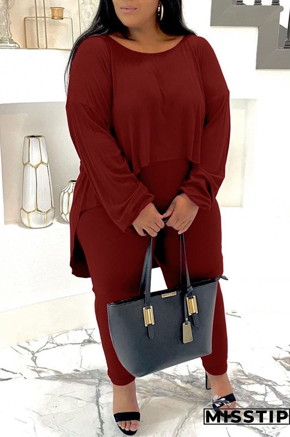 Burgundy Casual Solid Patchwork O Neck Plus Size Two Pieces