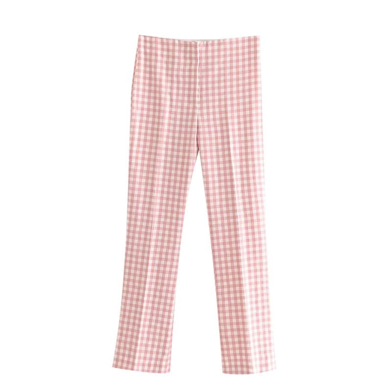 KPYTOMOA Women 2020 Chic Fashion Plaid Flare Pants Vintage High Elastic Waist Zipper Fly Female Ankle Trousers Pantalones Mujer