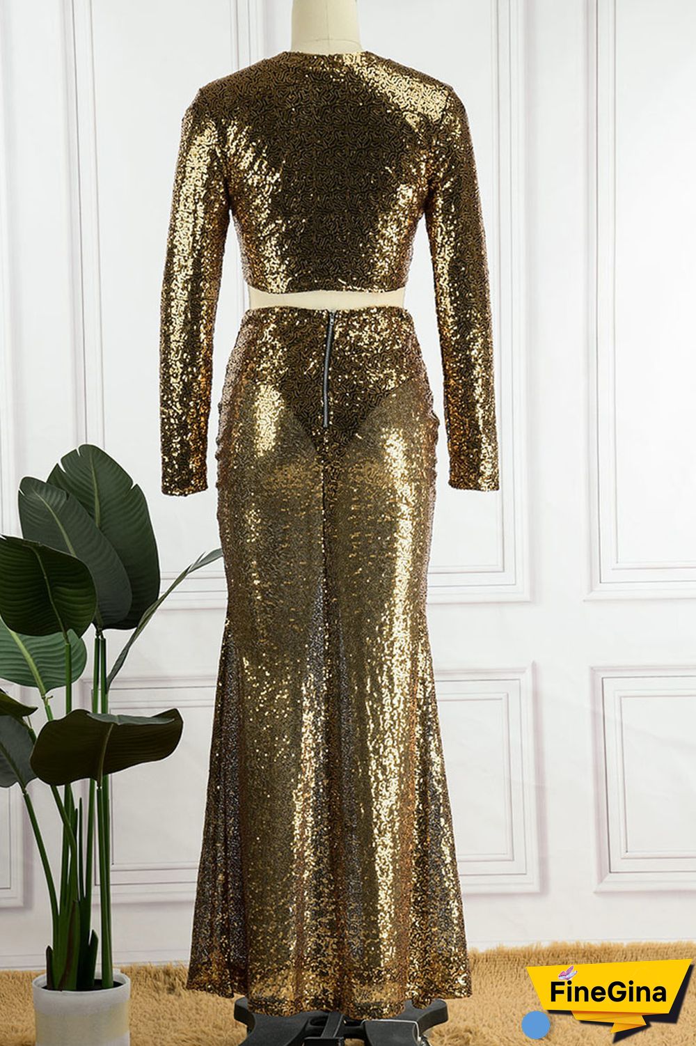 Champagne Sexy Solid Sequins Patchwork O Neck Long Sleeve Two Pieces