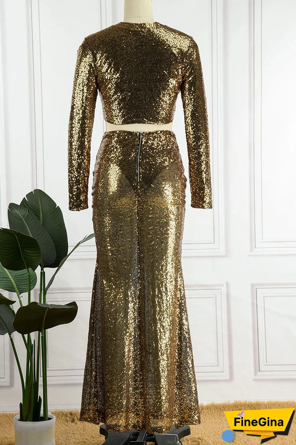 Champagne Sexy Solid Sequins Patchwork O Neck Long Sleeve Two Pieces