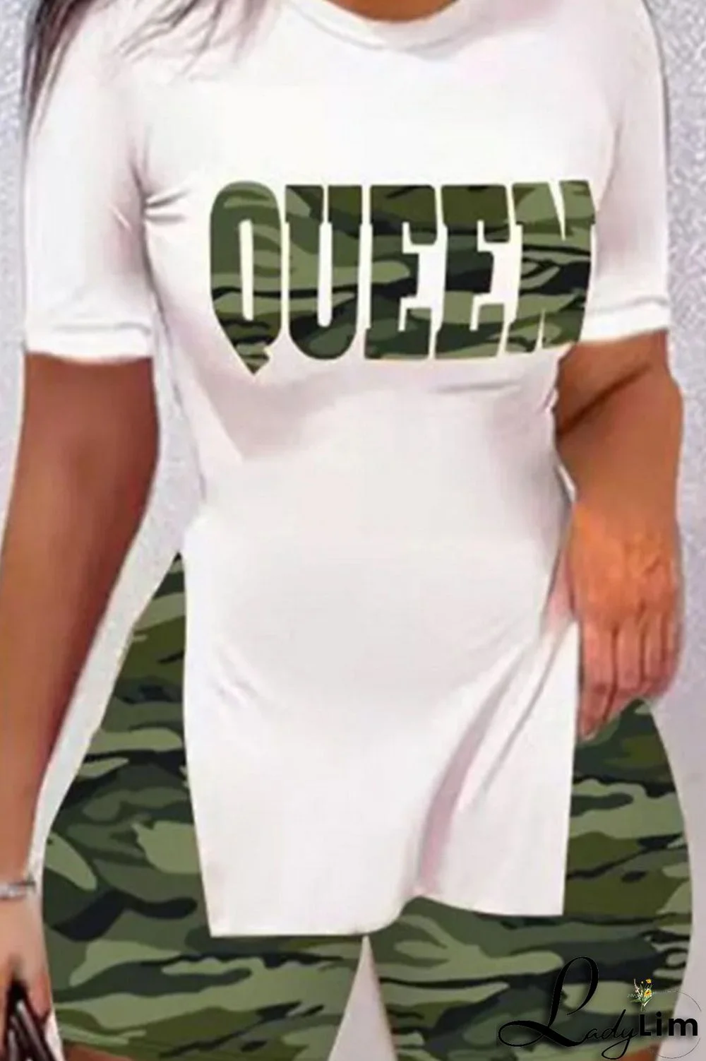 White Casual Print Patchwork Slit O Neck Short Sleeve Two Pieces