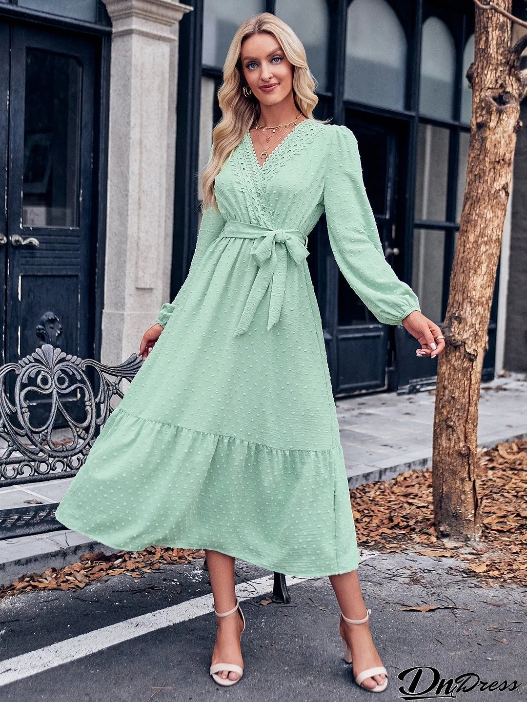 Swiss Dot Belted Surplice Puff Sleeve Midi Dress