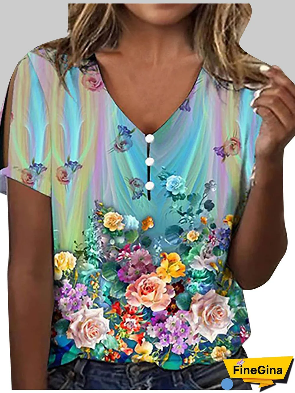 Women's Graphic Printed V-neck Short Sleeve Top