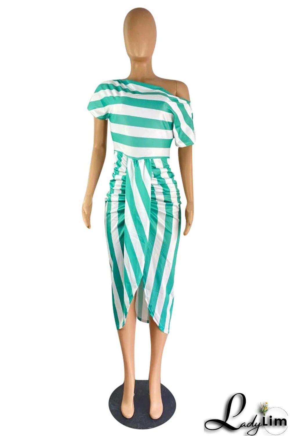 Black Fashion Casual Striped Print Asymmetrical Oblique Collar Short Sleeve Dress