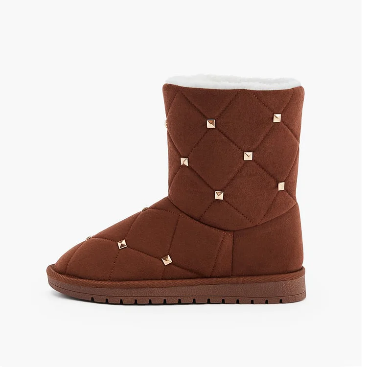 Brown Vegan Suede Round Toe Studded Flat Snow Booties for Women |FSJ Shoes