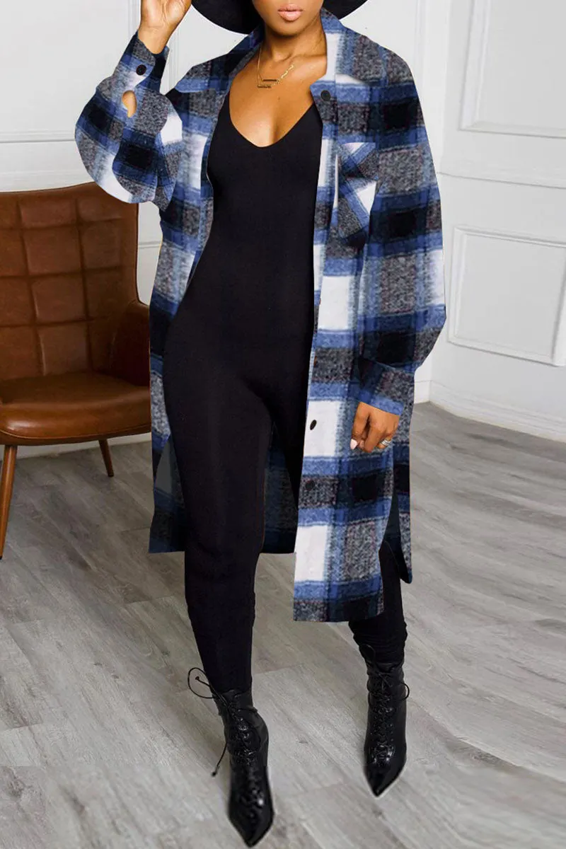 Casual Plaid Split Joint Buckle Turndown Collar Outerwear