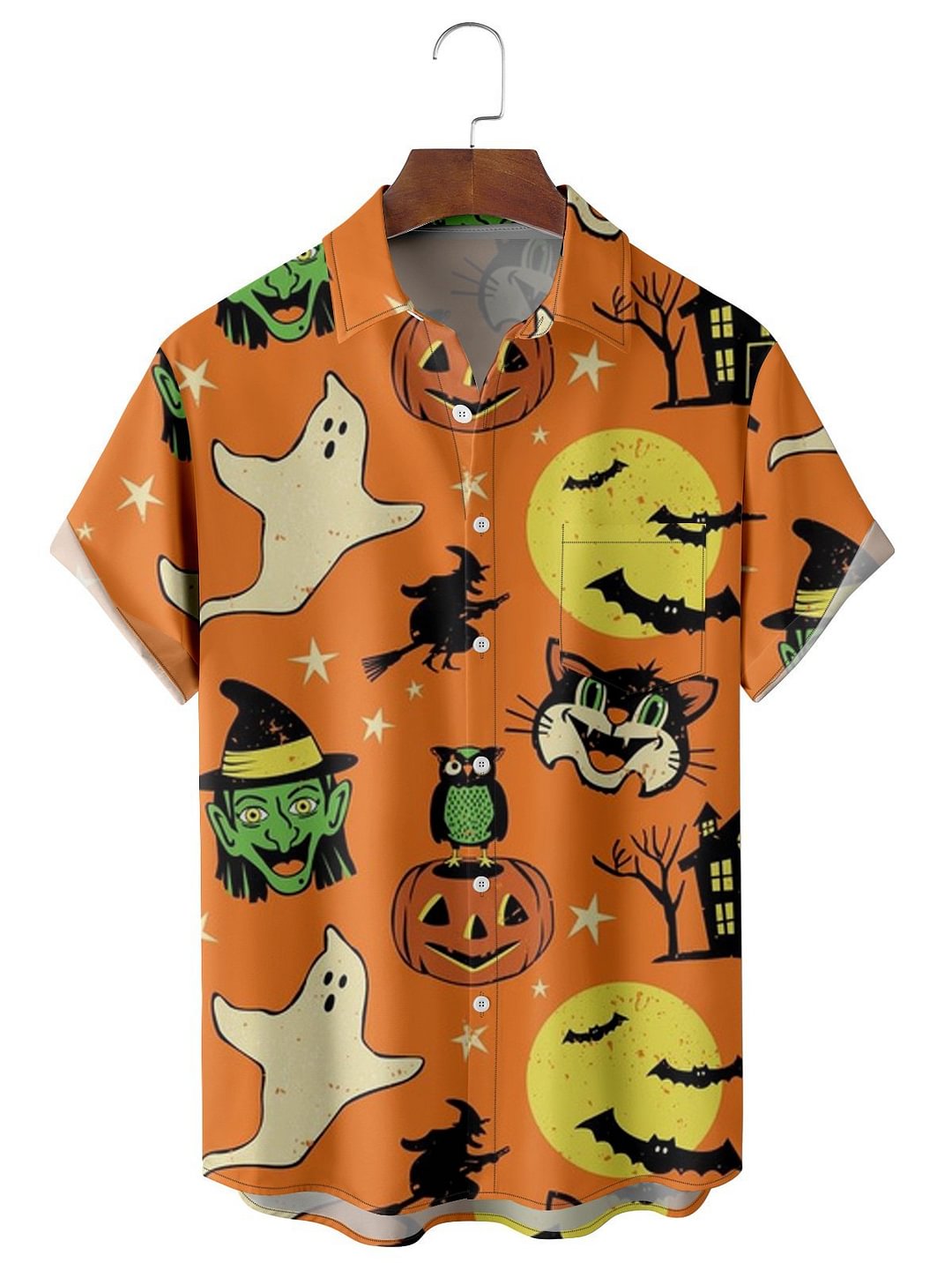 Men's Halloween Cat Head Witch Print Casual Shirt