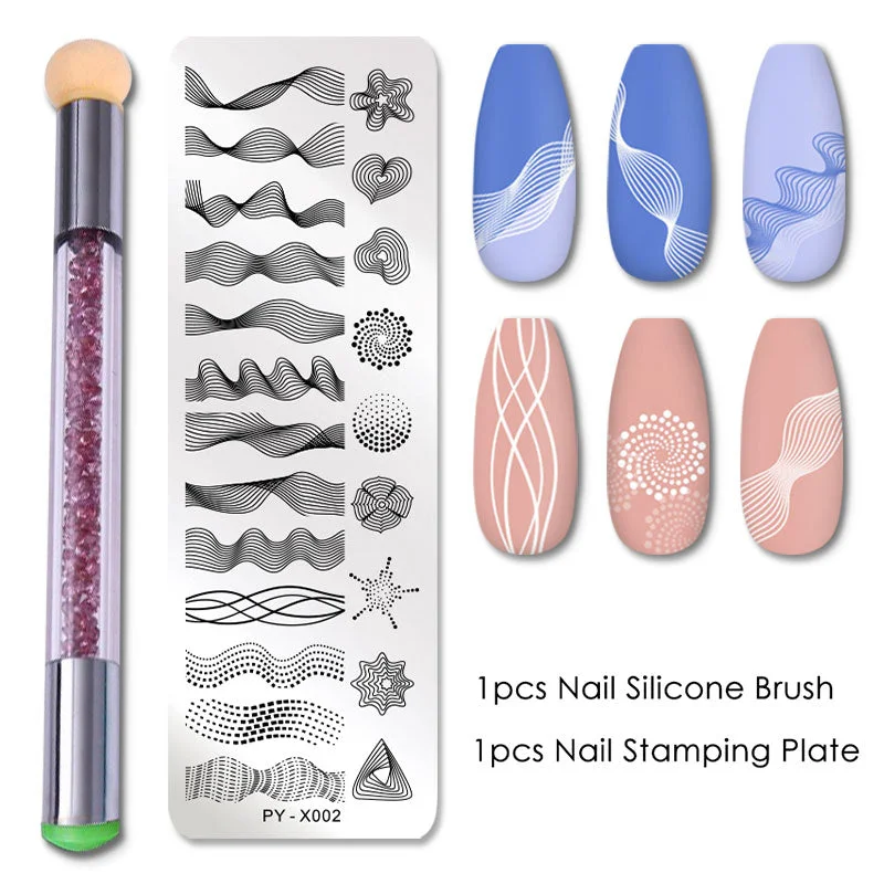 2Pcs/set Nail Stamping Plates Set Silicone Sponge Brush Polish Transfer Stencils Flower Geometry DIY Template for Nail Tools-Nail Inspo