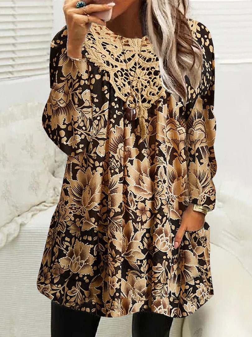 Women Long Sleeve Scoop Neck Floral Printed Lace Pockets Fleece Lined Tops