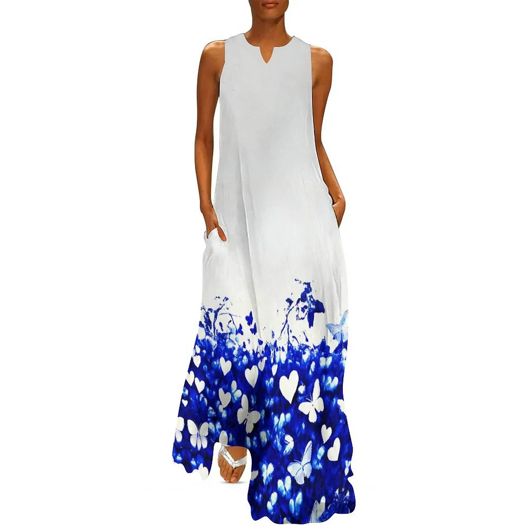 Style & Comfort for Mature Women Plus Size Printed Sleeveless Casual Women Maxi Dress with Pockets in Pattern Butterflies, Floral, Blue, Watercolor