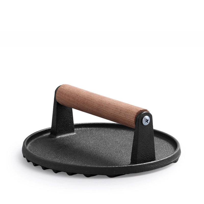 Cast Iron Round Meat Press Hamburger Meat Press Uncoated Thickened Striped Teppanyaki Tool Wooden Handle Anti-scalding Household