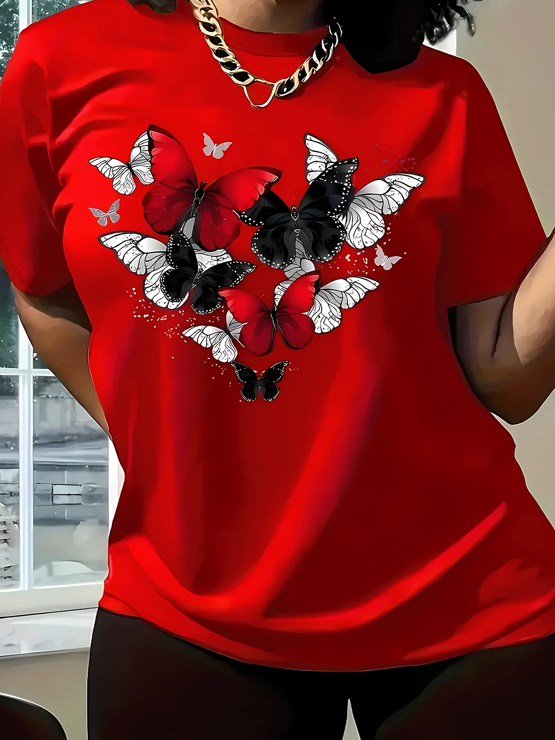 Women's Red Butterfly Heart Print T-Shirt - 100% Short Sleeve Crew Neck Casual Top, Lightweight Breathable 180gsm Fabric, All-Season Comfort For Spring Summer & Casual Attire, Versatile Clothing | Floral Heart Design | Comfortable Fit | IFYHOME