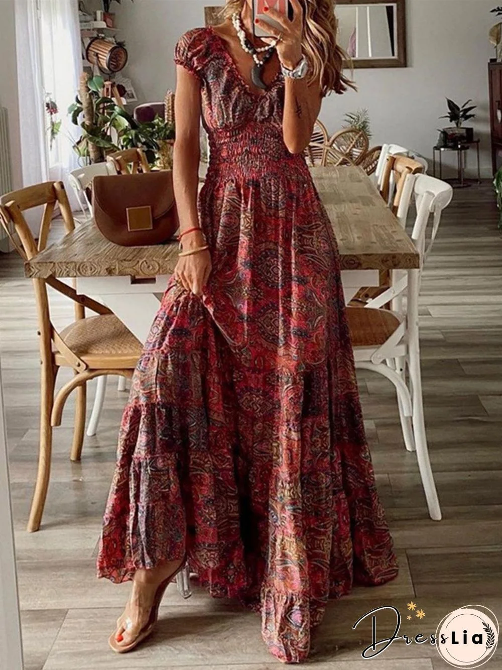 V-neck Smocked High-waist Boho Print Maxi Dress P16340