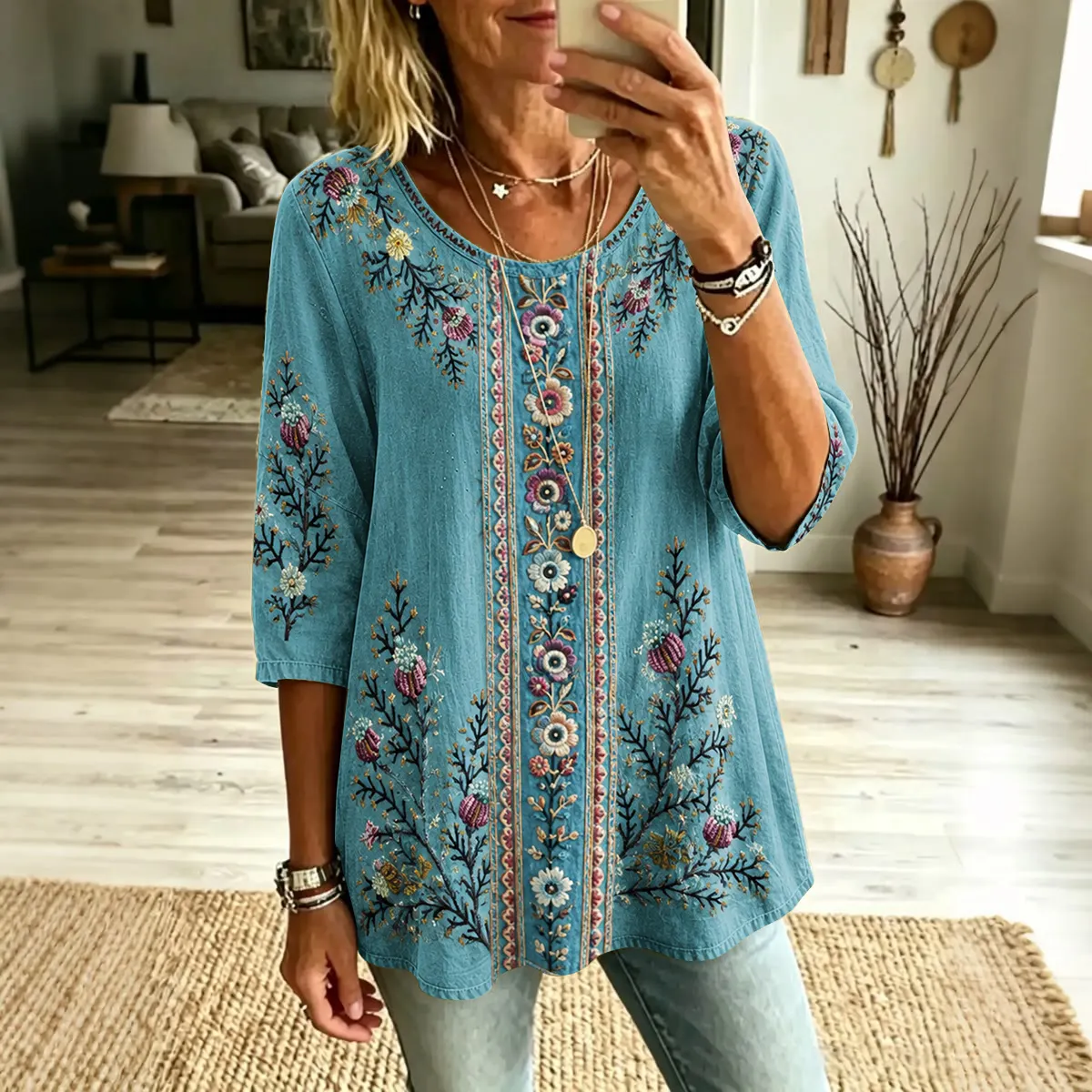 Comstylish Women's Vintage Floral Embroidery Art Crew Neck Linen Blend T-shirt