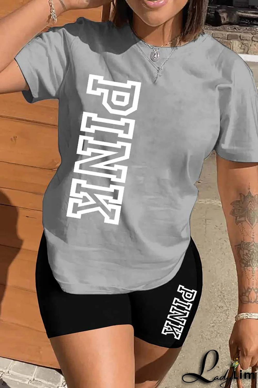 Black Casual Print Letter O Neck Short Sleeve Two Pieces