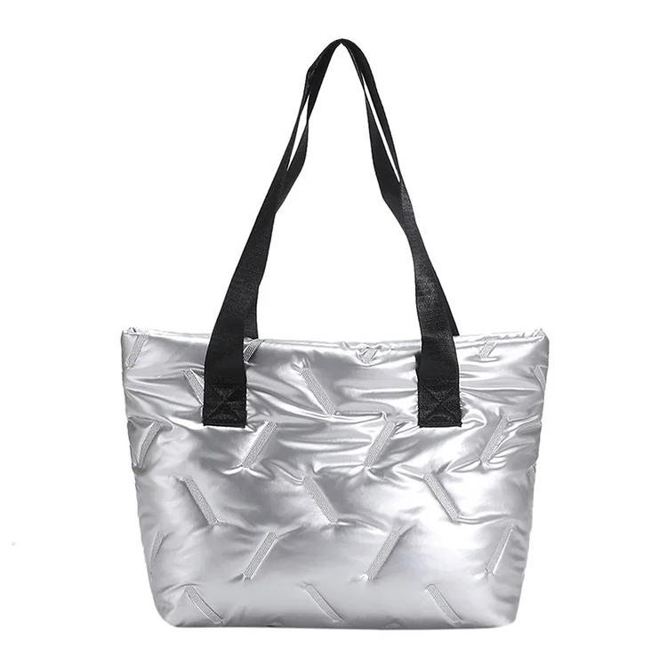Women Hobo Handbag Large Capacity Shiny Padded Bag Girls Winter Bag (Silver)