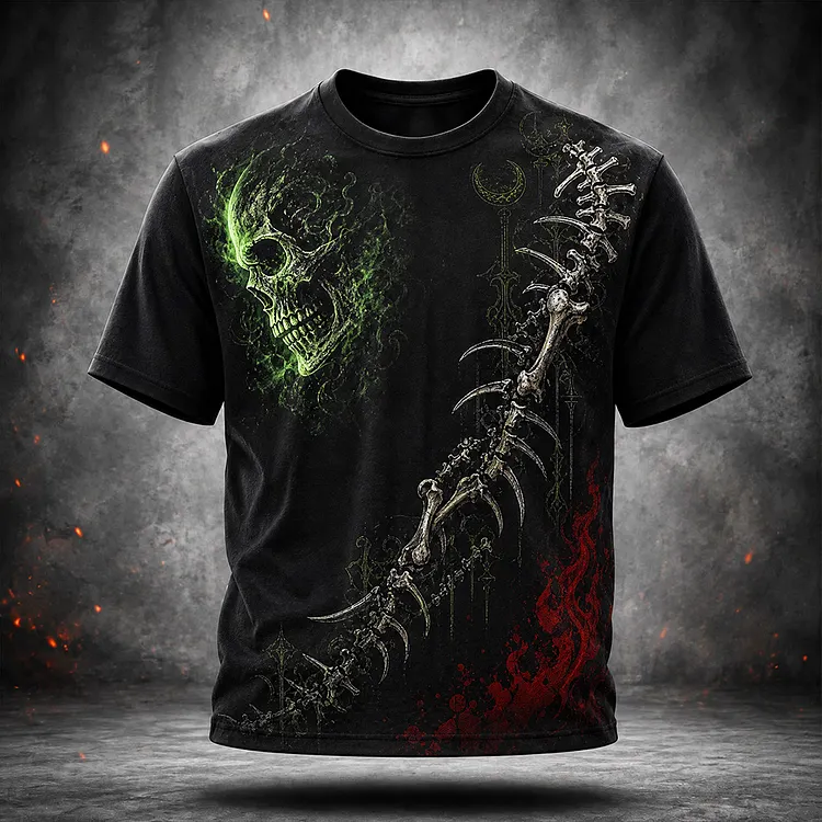 Men's Gothic Graphic T-shirt - Green Fiery Skull And Spine Bones Print Casual Tee