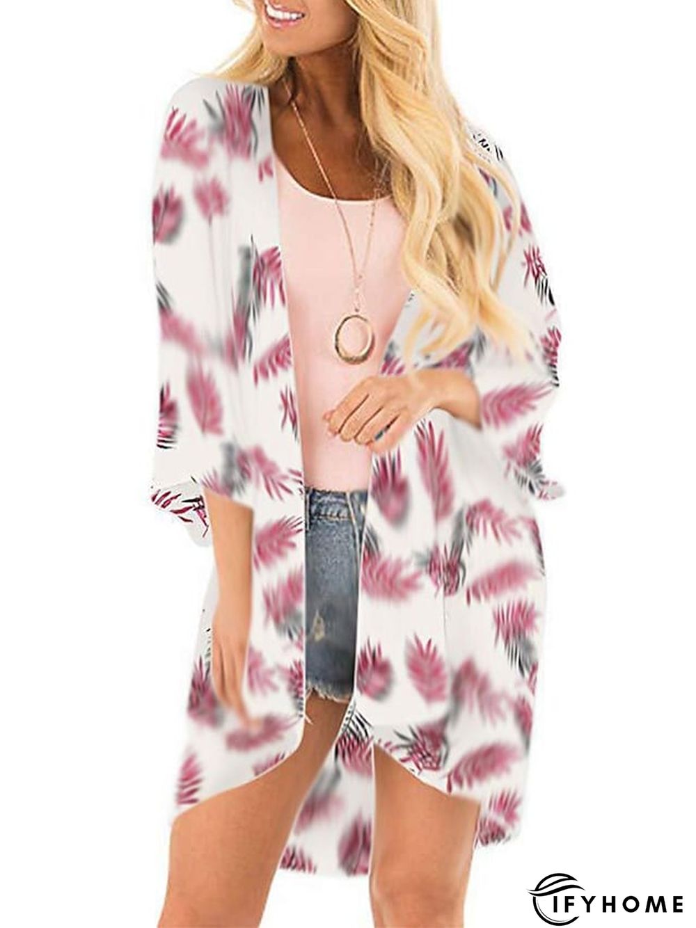 Women's Casual Jacket Causal Oversized Leaf Breathable Boho Regular Fit Outerwear 3/4 Length Sleeve Summer Pink S | IFYHOME
