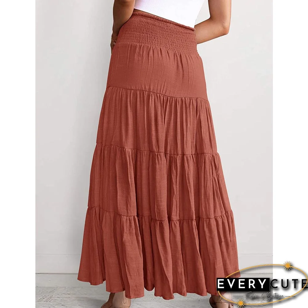 Rust Red Bohemia Pleated High Waist Maxi Skirt